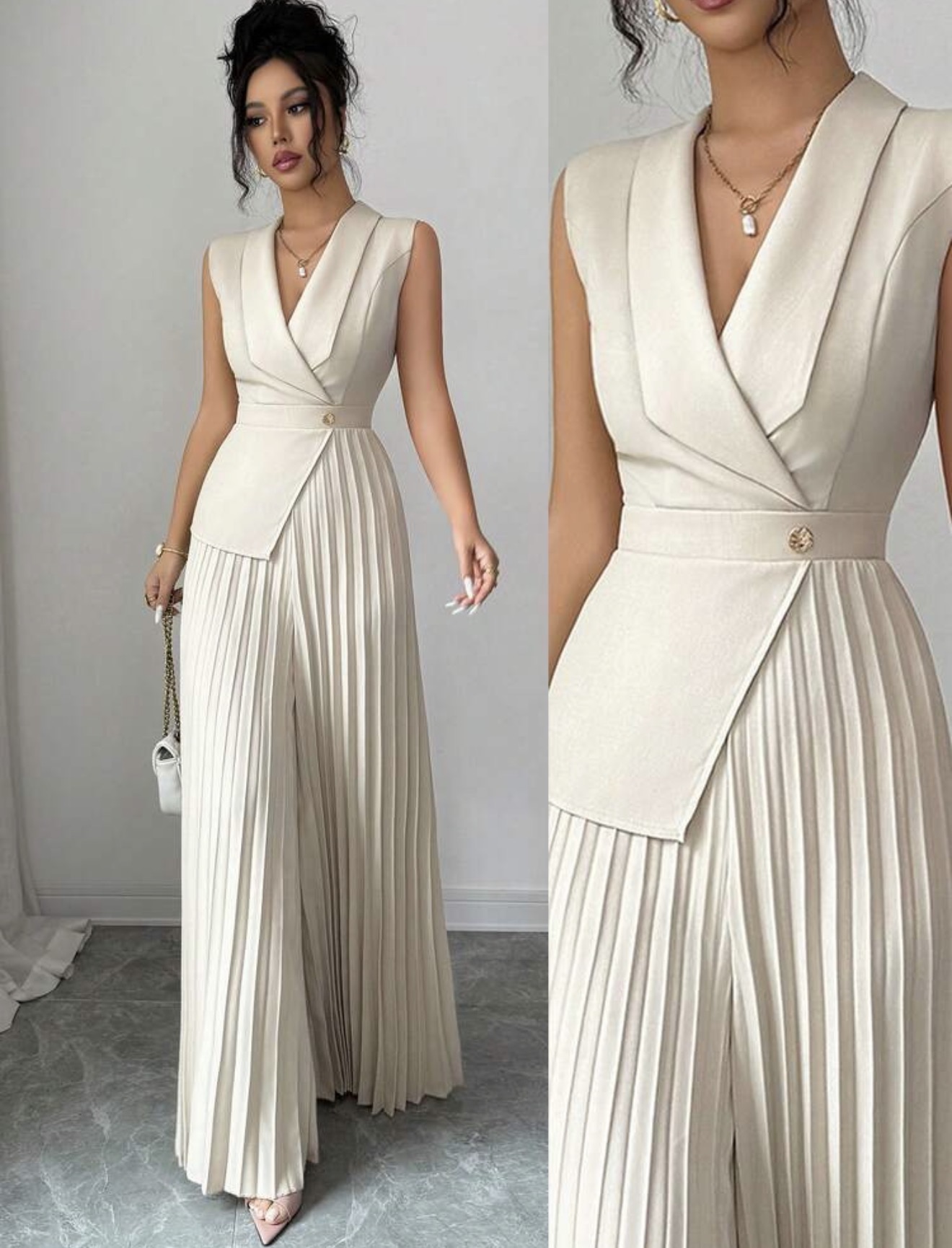 Elenzga Mono elegante negro de verano sin * 4.60 › mangas con pliegues para mujer, ropa de oficina (70) sofisticada, diseño de cuello de solapa & cinturón