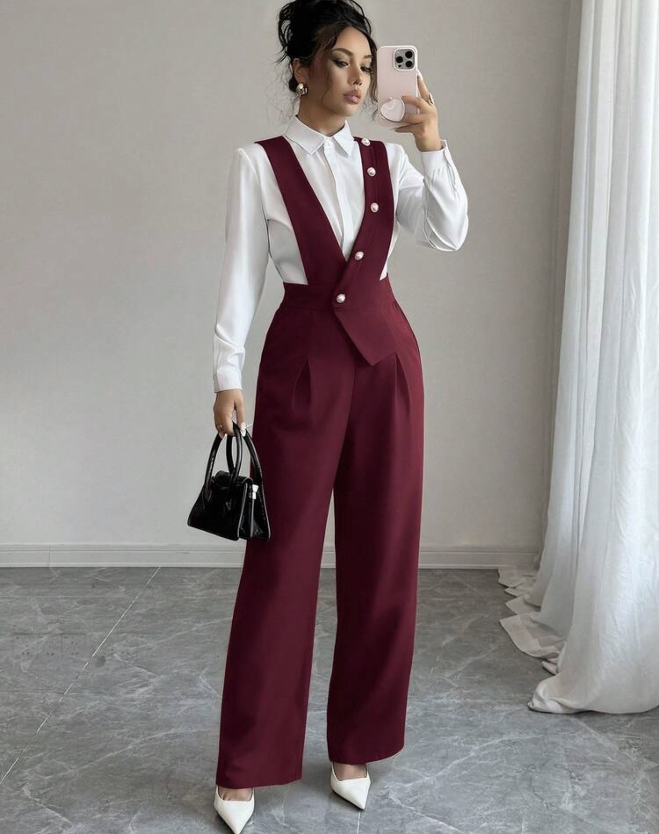 Elenzga Mono de pierna ancha y suelta, de material de fibra de bambú rosa, con diseño de botones delanteros de perla, elegante uniforme de maestra