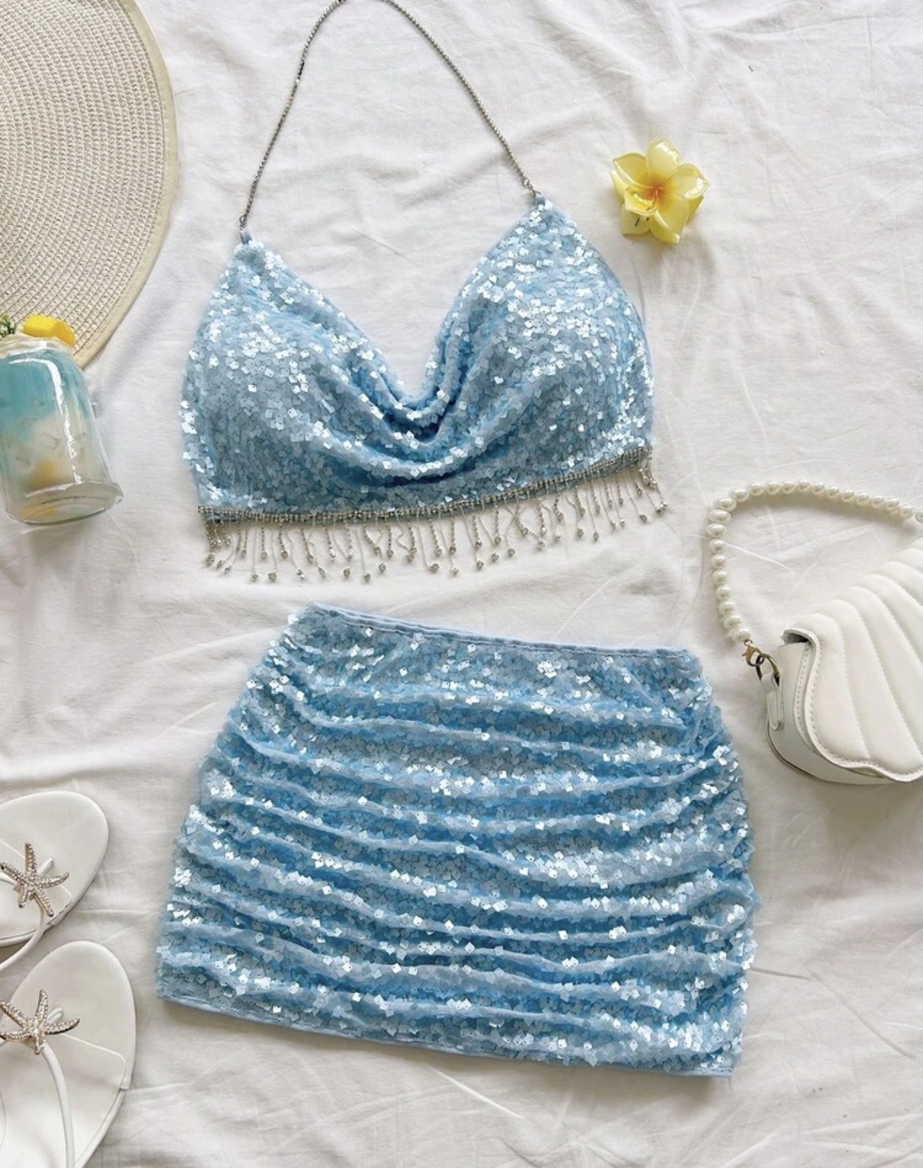 Conjunto de 2 piezas de falda de cintura baja con lentejuelas, cadena de strass y flecos
