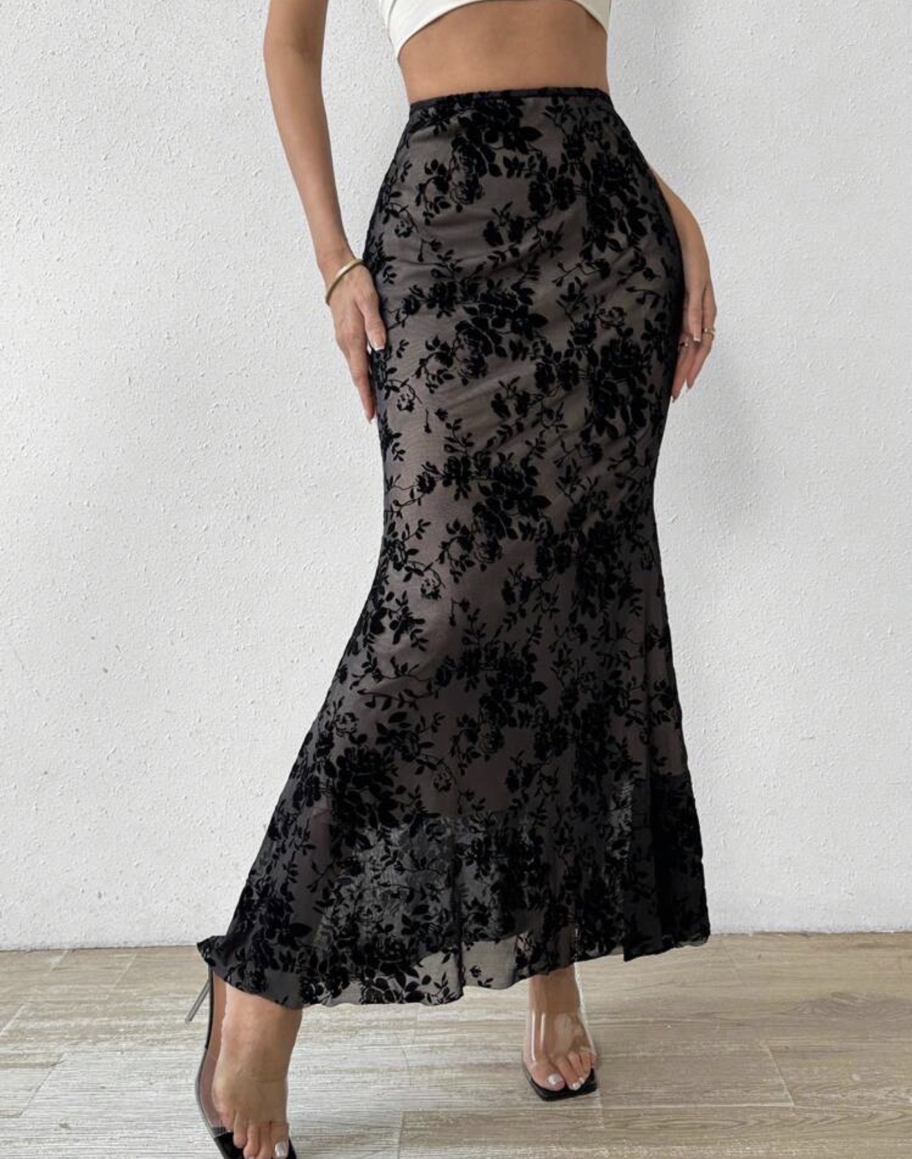Rafferiza Falda Maxi De Sirena De Malla Floral Con Flocado De Cintura Alta