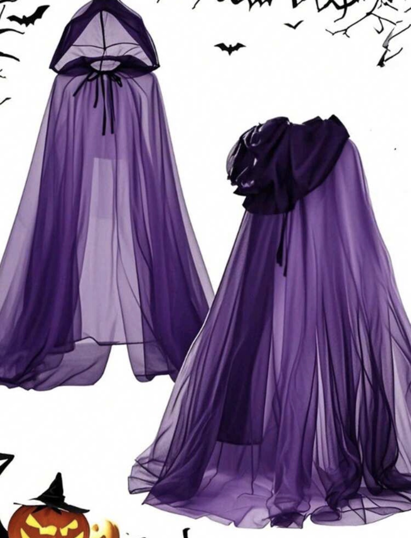 Capa transparente de estilo oscuro inquietante, negro/blanco/rojo/degradado púrpura, capa con capucha hasta el suelo transparente, chal de cobertura listo para